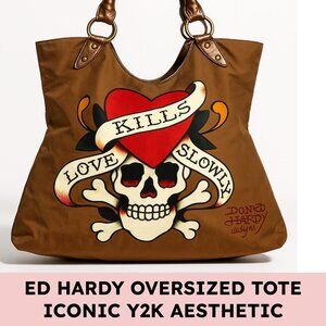 Ed Hardy Love Kills Slowly Skull Heart Oversized Tote Bronze Brown Y2K Emo Scene